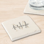 Modern Monogram Name Stone Coaster<br><div class="desc">This stone coaster features a modern,  elegant monogram and name in stylish script calligraphy on a neutral beige background. It is easily customizable. Makes a perfect housewarming gift or a gift for a friend.</div>