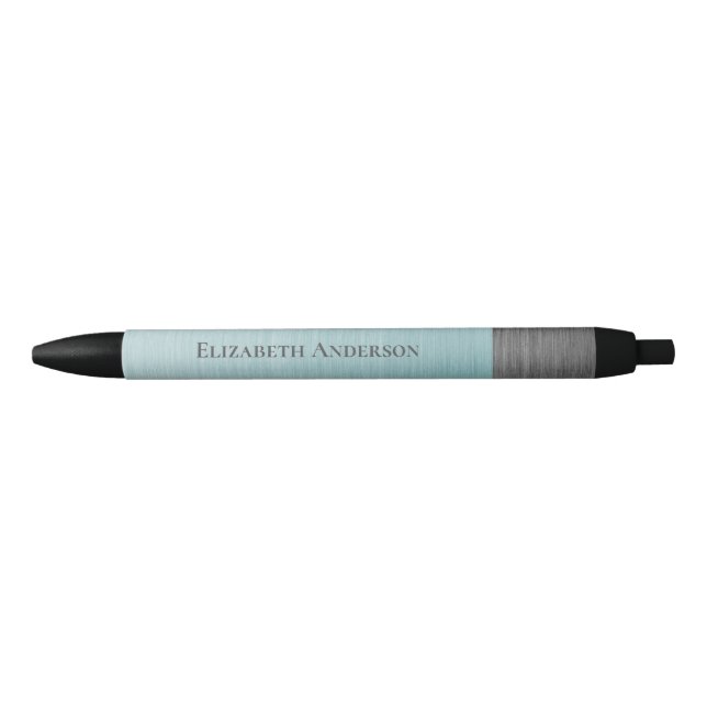 Modern Monogram Name Teal Blue Brushed Metal Black Ink Pen (Front)