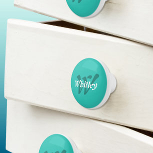 Modern Monogram Name Turquoise Green White Ceramic Knob