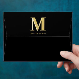 Modern monogram name typography gold black envelope