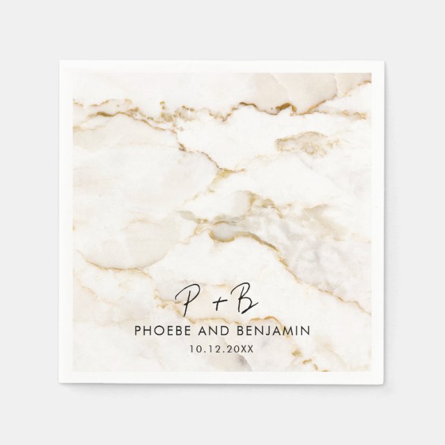Modern Monogram Names Gold Marble Wedding Paper Napkin (Front)