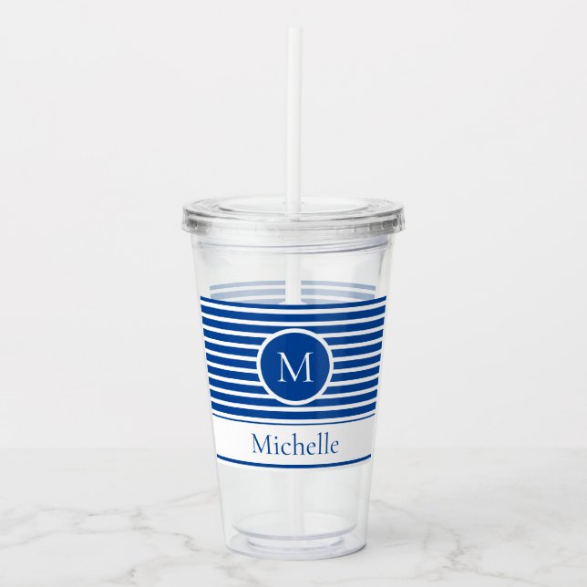 Modern Monogram Nautical Blue White Stripes Acrylic Tumbler (Front)