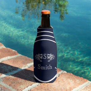 Modern Monogram Nautical Navy Blue White Crab Bottle Cooler