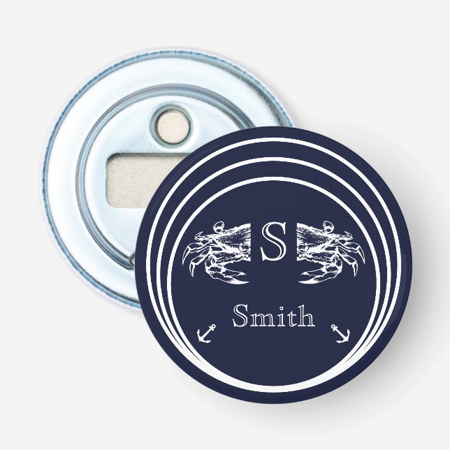 Modern Monogram Nautical Navy Blue White Crab Bottle Opener (Front)