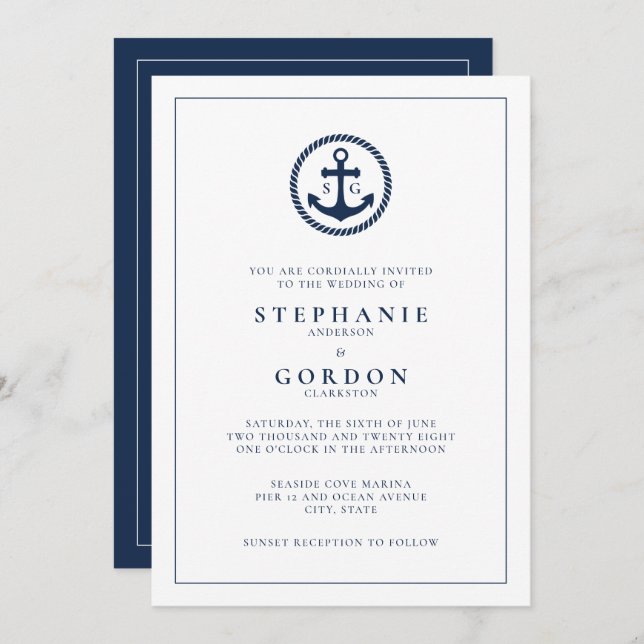 Modern Monogram Nautical Wedding Invitation (Front/Back)