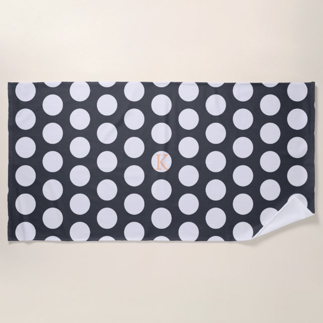 Modern Monogram Navy Blue and White Polka Dot  Beach Towel (Front)