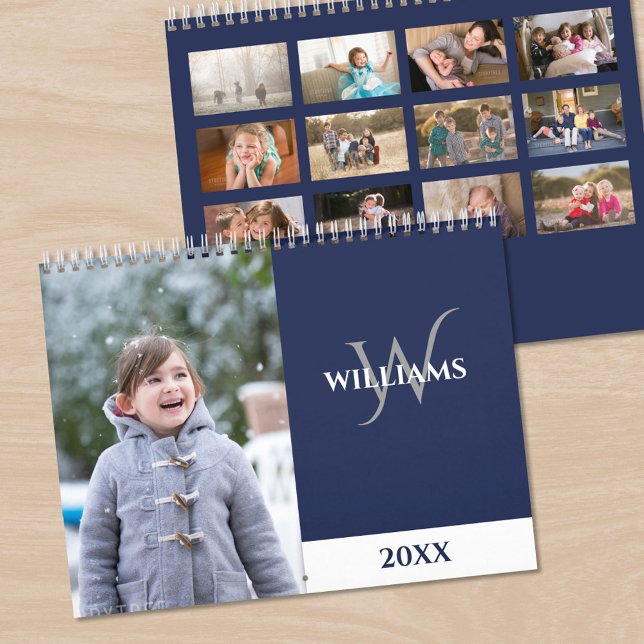 Modern Monogram Navy Blue Photo Calendar (Modern Monogram Navy Blue Photo Calendar, front/back)