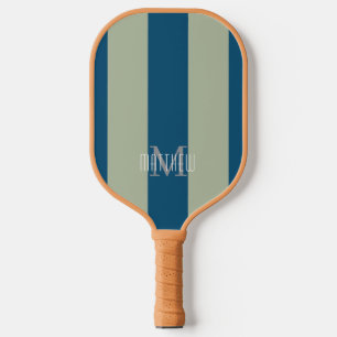 Modern Monogram Navy Blue Sage Green Stripe Pickleball Paddle