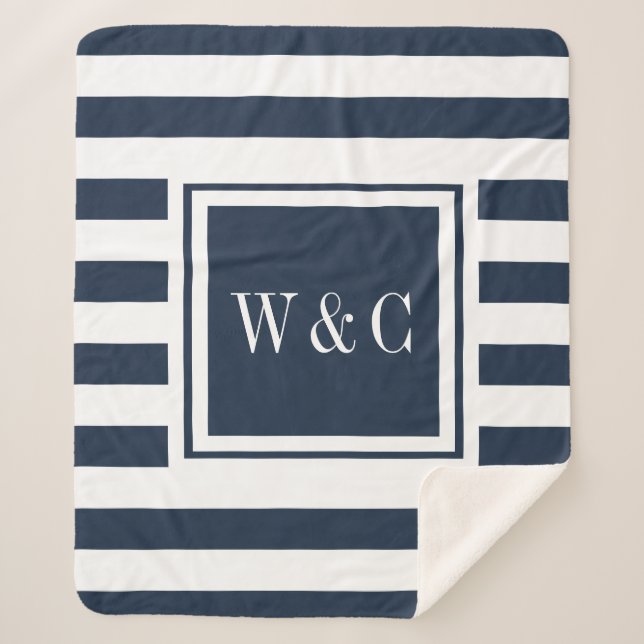 Modern Monogram Navy Blue White Stripe Sherpa Blanket (Front)