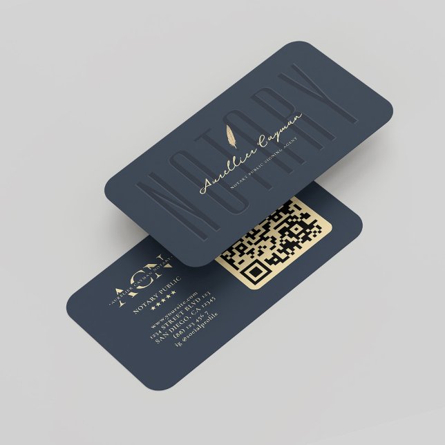 Modern Monogram Notary Elegant Dark Blue Quill QR Business Card (Modern Monogram Notary Dark Blue Gold Quill QR Business Card
)