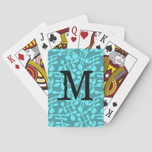 Modern Monogram on Aqua Leaves Playing Cards (Back)