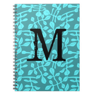 Modern Monogram on Stylised Aqua Leaves Notebook