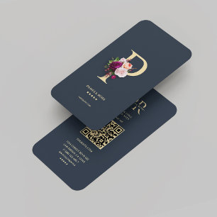 Modern Monogram P Elegant Dark Blue Gold Business Card