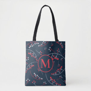 Modern monogram pale grey red berry pattern tote bag