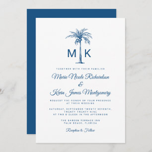 Modern Monogram Palm Tree Formal Beach Wedding Invitation