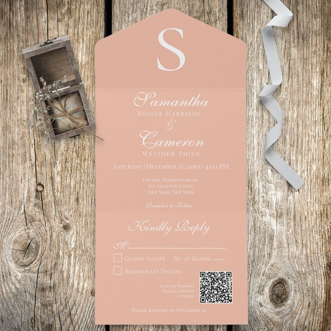 Modern Monogram Peach Blush QR Code All In One Invitation (Creator Uploaded)