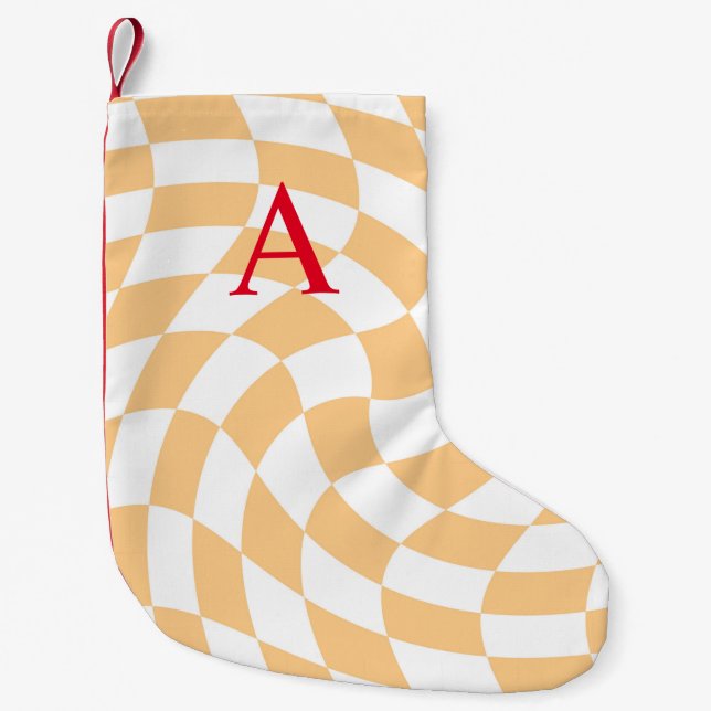 Modern Monogram Peach Chequered  Small Christmas Stocking (Front)