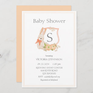 Modern Monogram Peach Crest Bunny Baby Invitation