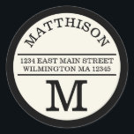Modern Monogram Personal Round Address Label<br><div class="desc">A modern design on a round sticker makes a contemporary statement on your cards and letters.  Personalised with your name in arched text above and with your single initial below,  address in the middle is bordered by two straight lines. Perfect for home or business.</div>