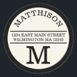 Modern Monogram Personal Round Address Label<br><div class="desc">A modern design on a round sticker makes a contemporary statement on your cards and letters.  Personalised with your name in arched text above and with your single initial below,  address in the middle is bordered by two straight lines. Perfect for home or business.</div>