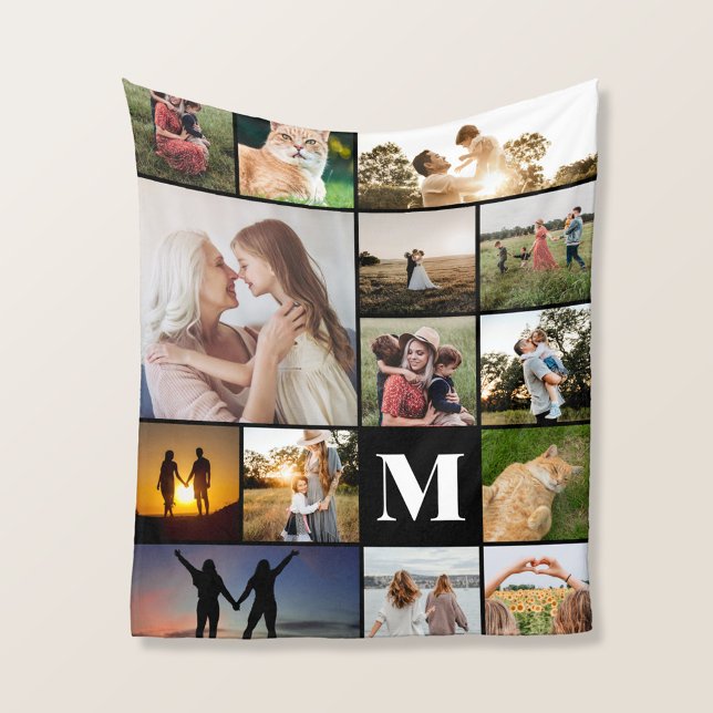 Modern Monogram Personalised 14 Photo Collage Fleece Blanket (Creator Uploaded)