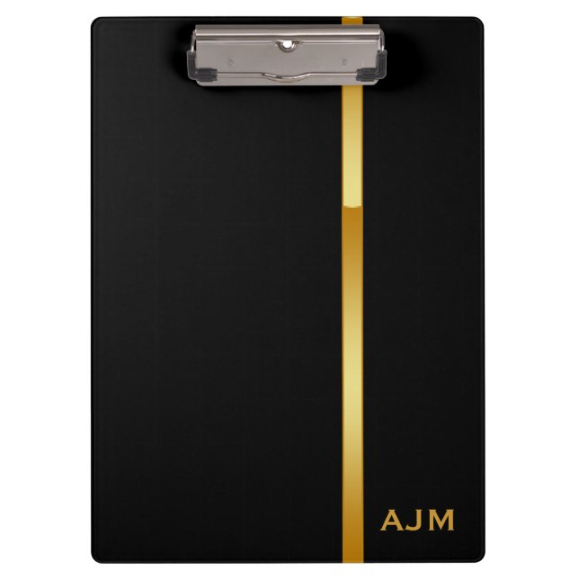 Modern Monogram Personalised Black and Gold Clipboard (Front)