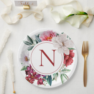 Modern Monogram Personalised Floral Paper Plate