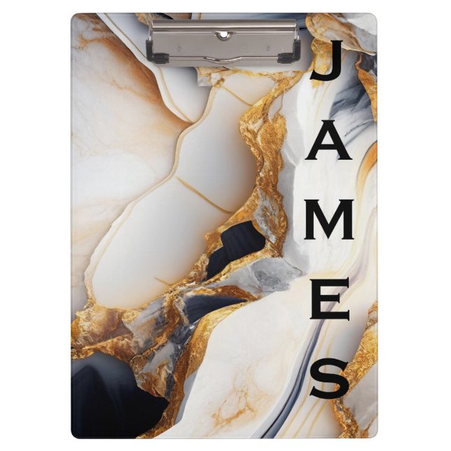 Modern Monogram Personalised Marble and Gold Clipboard (Front)