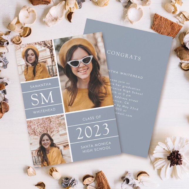 Modern Monogram Photo Collage Dusty Blue Announcement (Creator Uploaded)
