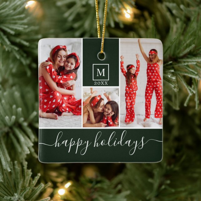 Modern Monogram Photo Collage Happy Holiday Green Ceramic Ornament (Tree)