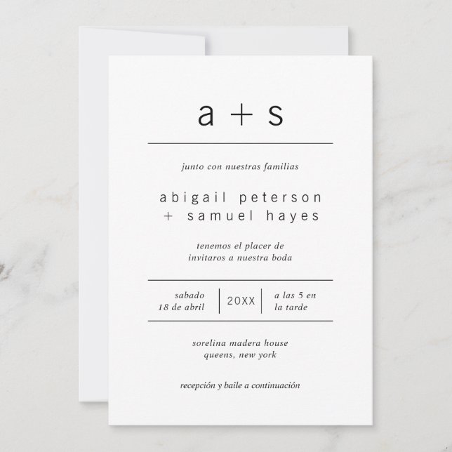 Modern Monogram Photo Minimalist Spanish Wedding Invitation (Front)