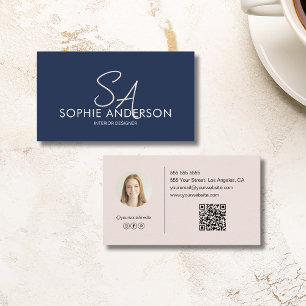 Modern Monogram Photo Navy Blue Professional Business Card