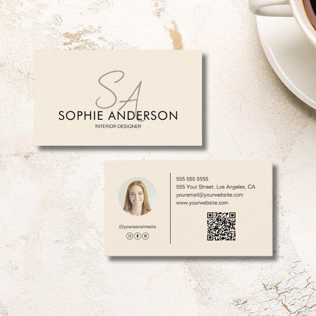 Modern Monogram Photo QR Cream Professional Business Card (Modern Monogram Photo QR Cream Professional Business Card)