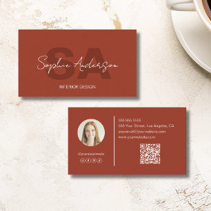 Modern Monogram Photo QR Terracotta Professional  Business Card