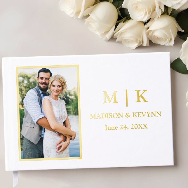 Modern Monogram Photo Wedding Gold Foil Guest Book (Customize to change text size or text style.)