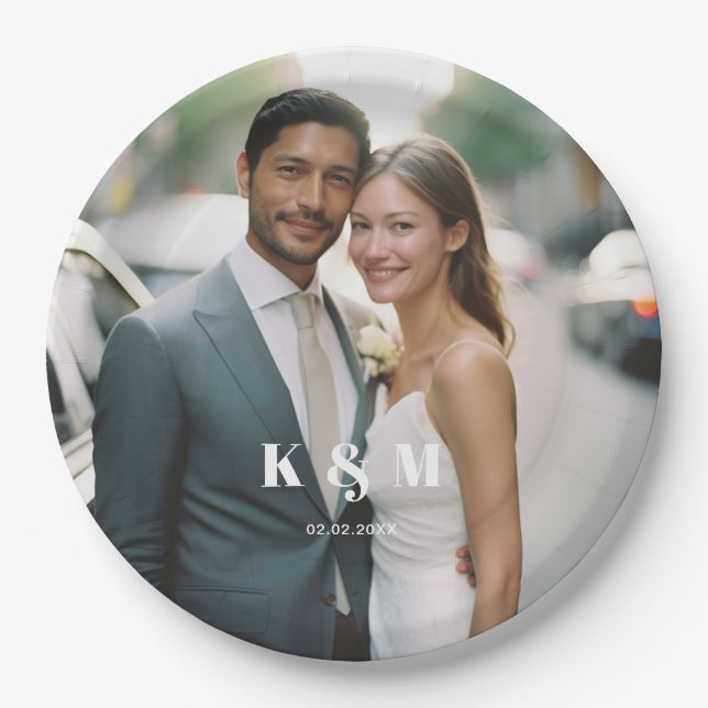 Modern monogram photo wedding  paper plate (Front)