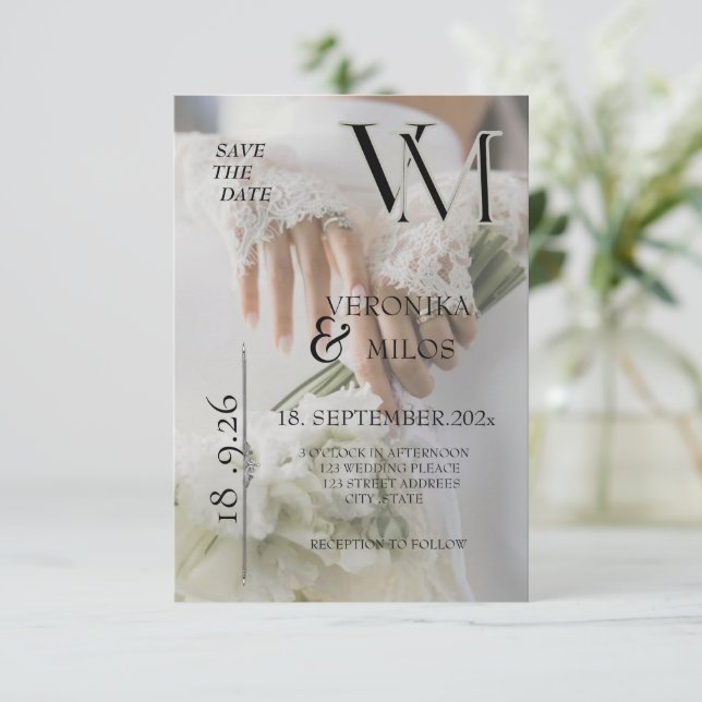 Modern Monogram Photo Wedding Save The Date Card (Standing Front)