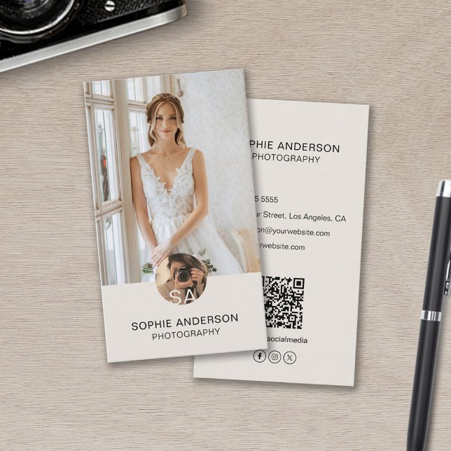 Modern Monogram Photographer Photo QR Tan Business Card (Modern Monogram Photographer Photo QR Tan Business Card)