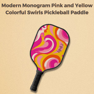 Modern Monogram Pink and Yellow Colorful Swirls Pickleball Paddle