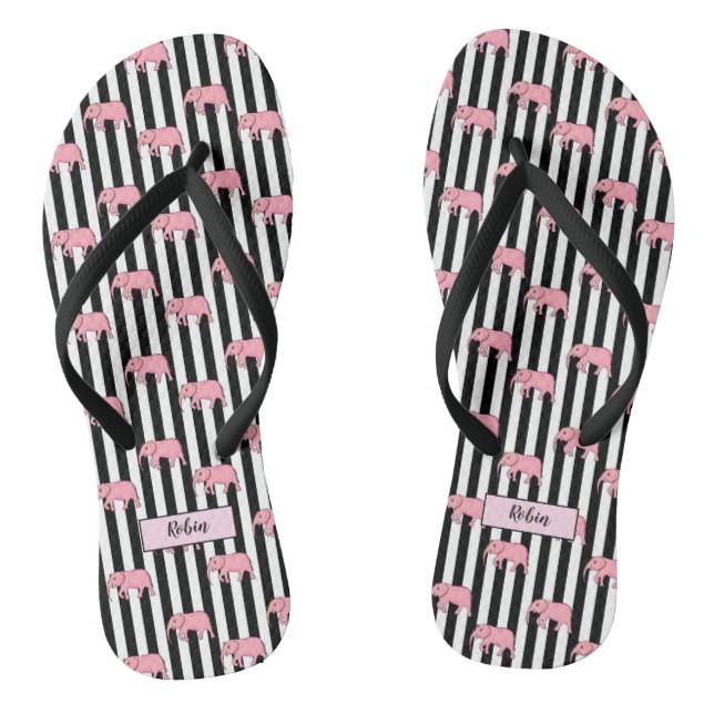 Modern Monogram Pink Elephants Pattern Strips Jandals (Footbed)