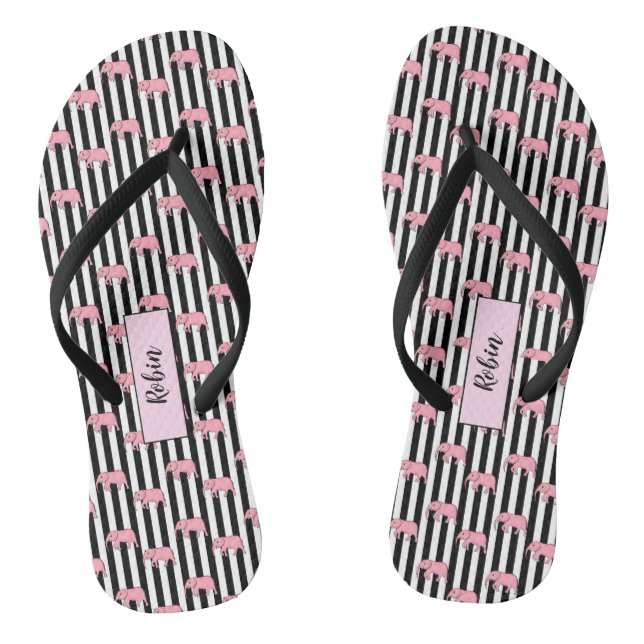 Modern Monogram Pink Elephants Pattern Strips Jandals (Footbed)