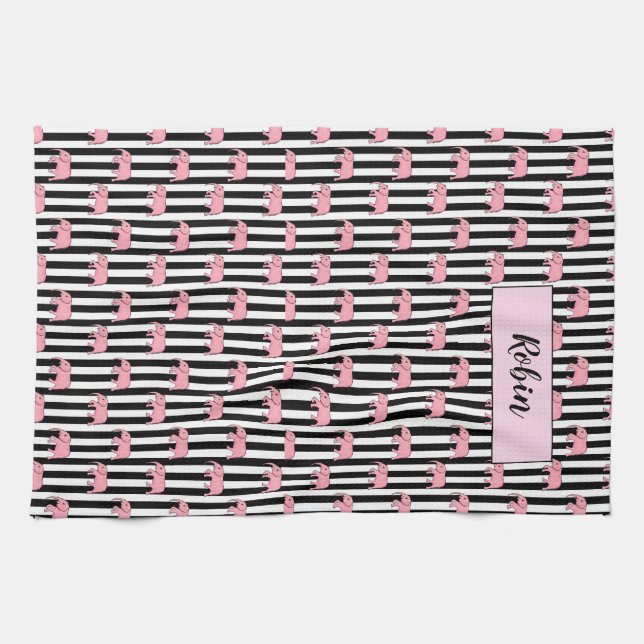 Modern Monogram Pink Elephants Pattern Strips Tea Towel (Horizontal)