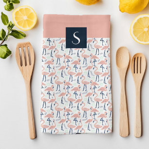 Modern Monogram pink Flamingo Pattern Tea Towel