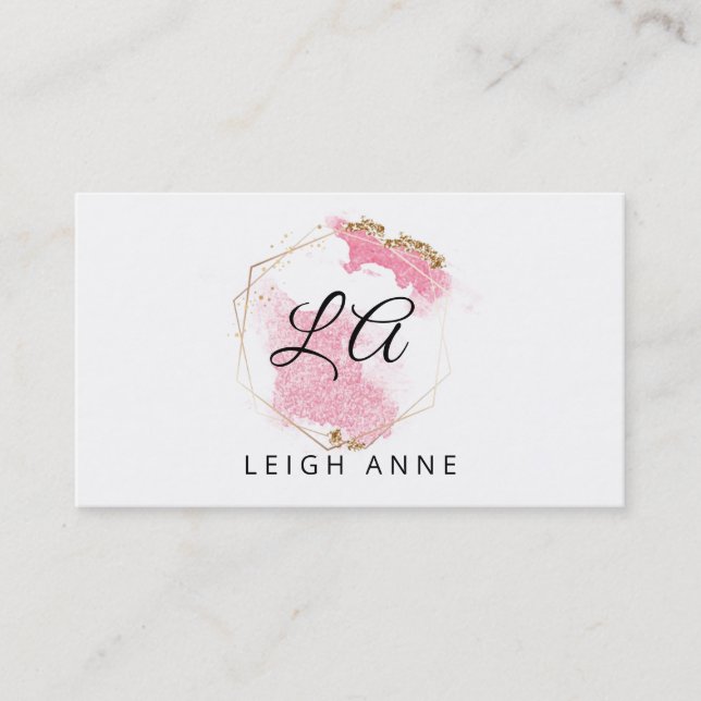 Modern Monogram Pink Gold Watercolor Geometric Business Card (Front)