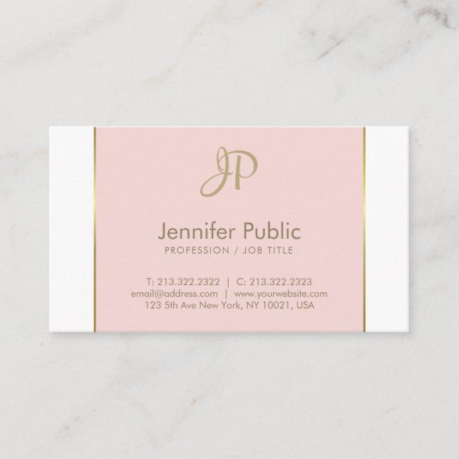 Modern Monogram Pink Gold White Clean Plain Trendy Business Card (Front)