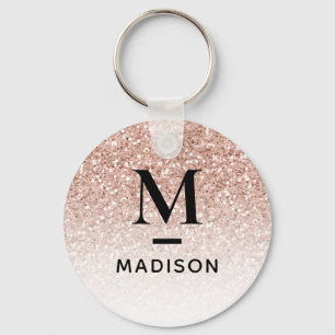 Modern Monogram Pink Rose Gold Glitter Ombre Name Key Ring