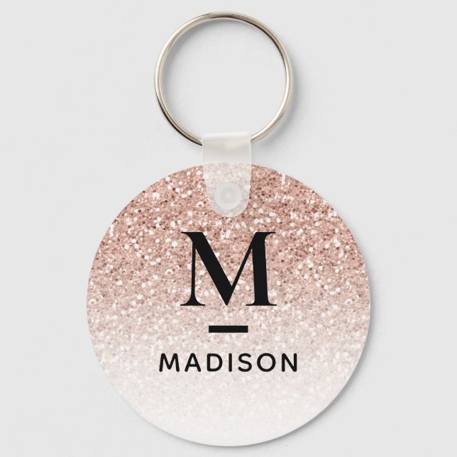Modern Monogram Pink Rose Gold Glitter Ombre Name Key Ring (Front)