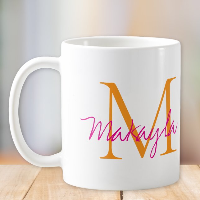 Modern Monogram Pink Script Name Coffee Mug (Creator Uploaded)