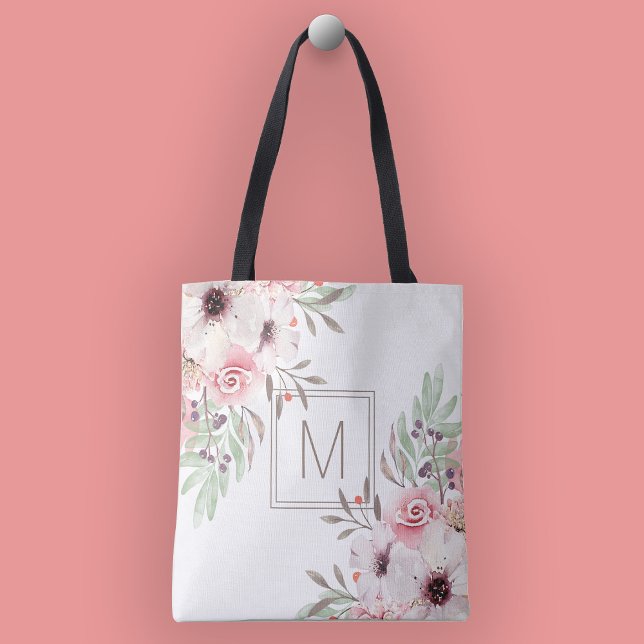 Modern Monogram Pink Watercolor Floral Tote Bag (Creator Uploaded)