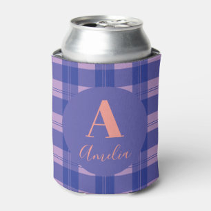 Modern Monogram Plaid Purple Can Cooler